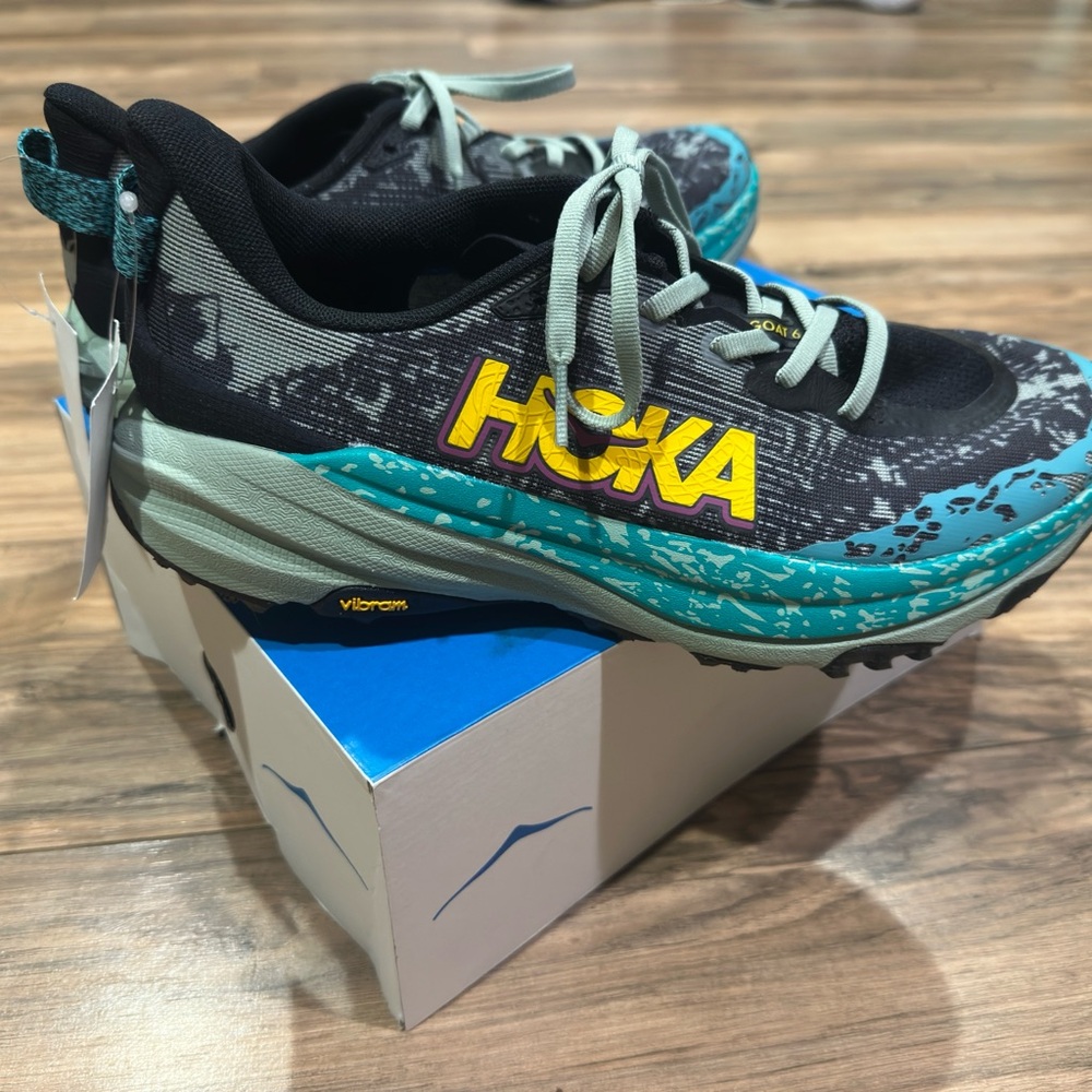 Hoka Black and Teal Athletic Shoes with Yellow Logo